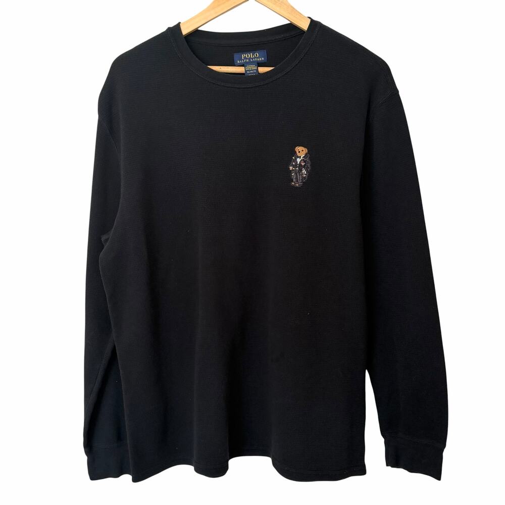 POLO RALPH LAUREN Sleepwear Thermal Polo Bear Waffle-Knit Shirt Black, X-Large